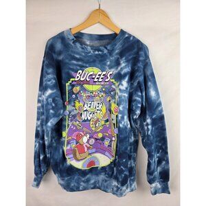 Buc-ees Sweatshirt Adult Size Medium Blue Tie Dye Pinball Arcade Bucees Beaver